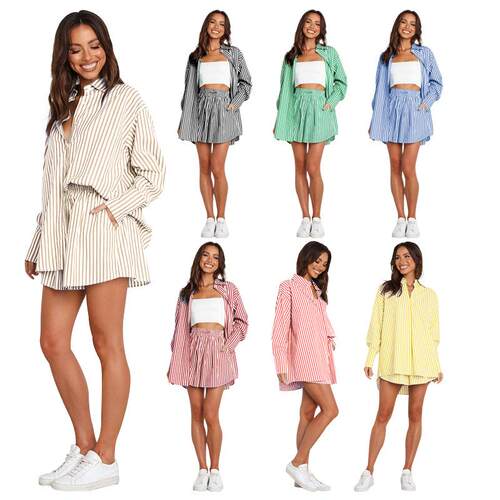 Two-Piece Set Women's Striped Print Button Shirt & Wide Leg