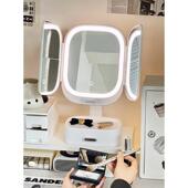 化妆镜收纳盒一体台式 桌面大号镜子折叠镜卧室梳妆台led灯梳新品