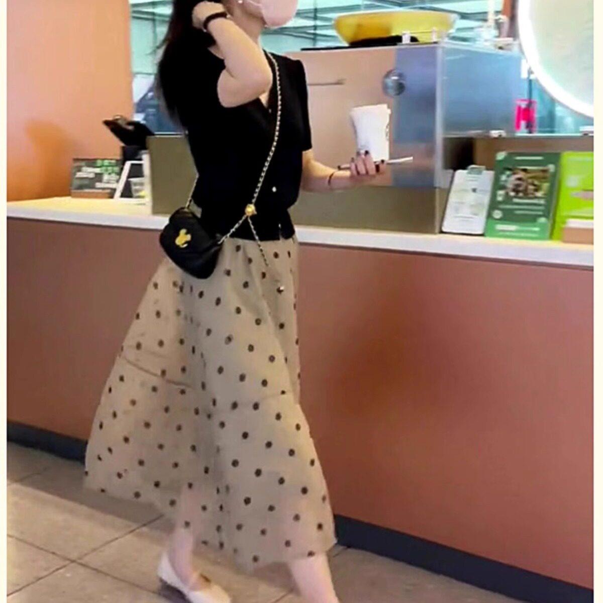 欧洲站夏季新款法式小香风v领针织开衫气质显瘦波点半身裙两件套
