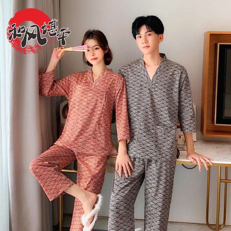 和风 日式印花长款棉麻男女儿童长裤长袖裤睡衣家居浴汗蒸服亲子