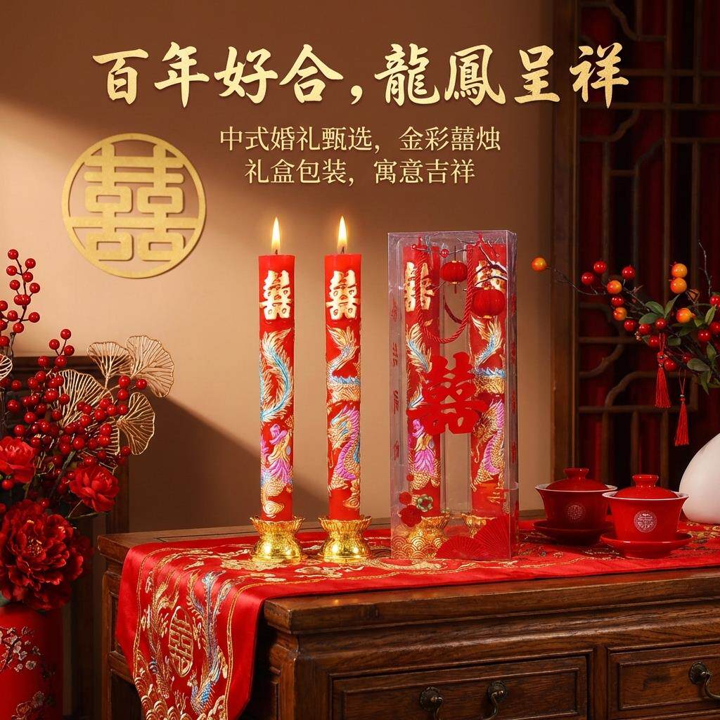 蜡烛结婚一对喜字婚礼龙凤烛无烟无味婚房红色喜烛花烛婚庆用品