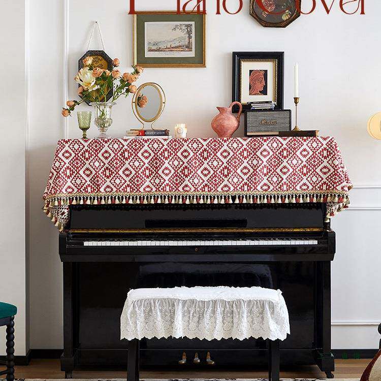 红色喜庆结婚钢琴罩椅垫键盘巾半罩全罩高级流苏钢琴盖布