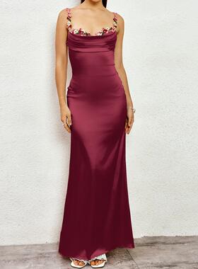 Floral Embroidery Appliques Backless Ruched Satin Cami Long