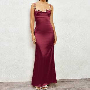 Floral Embroidery Appliques Backless Ruched Satin Cami Long