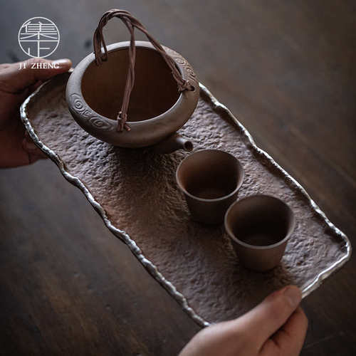 粗陶长方干泡盘 茶室桌面小茶盘功夫茶具陶瓷茶托侘寂风壶承托盘