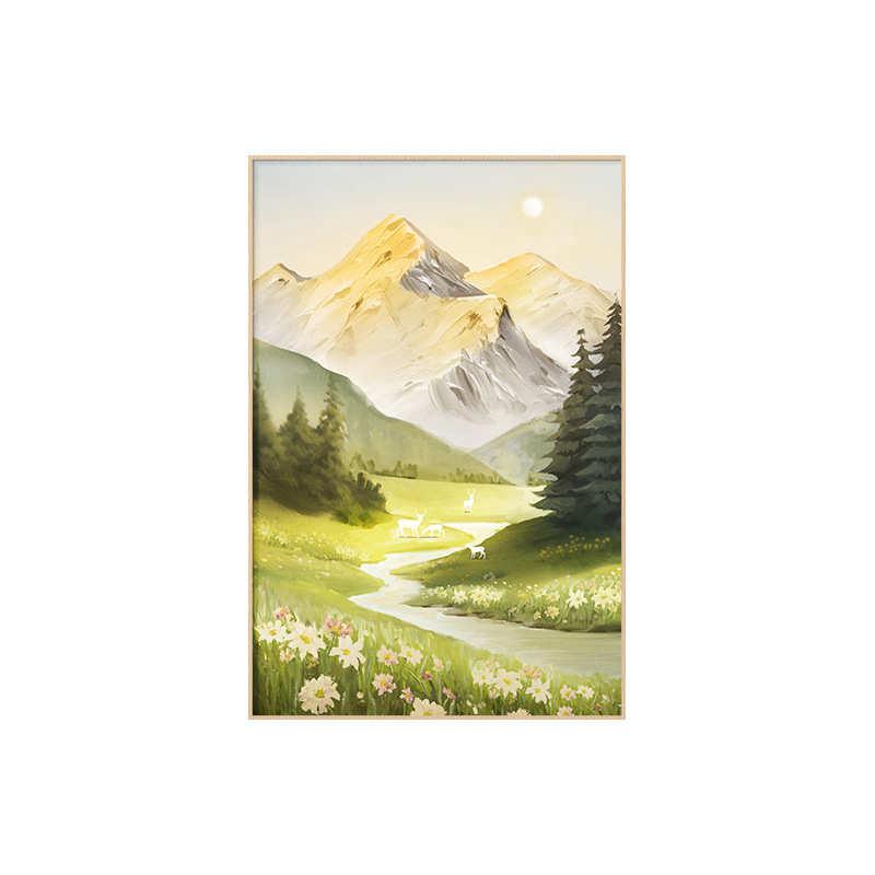 奶油风日照金山水入户正对门玄关装饰画墙壁画走廊过道尽头挂画