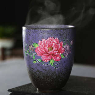 变色牡丹花陶瓷茶具水杯家用 复古粗陶窑变茶杯大号主人杯子单个