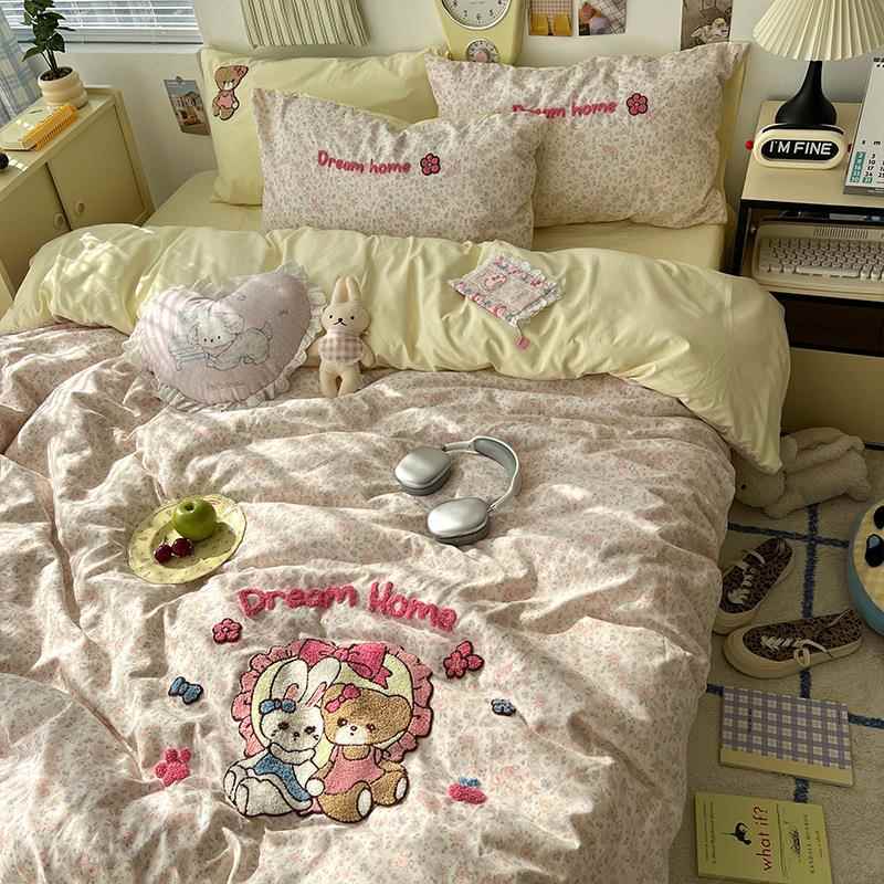 水洗棉被四件套套单毛巾绣卡通套床床笠款学YS生宿舍三件床上用品