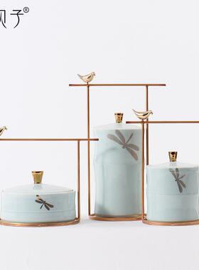 关美式新式青绿色意春蜻中蜓小鸟铁艺陶瓷装饰品酒店GWR玄博古架