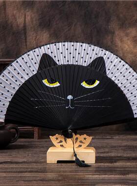 烤漆柄手绘猫扇 日本女生竹叠折扇 卡通龙猫扇子 真丝创意扇子
