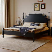 法式 简约主卧双人大床1.8米中古风婚床 复古黑色罗马柱实木床美式