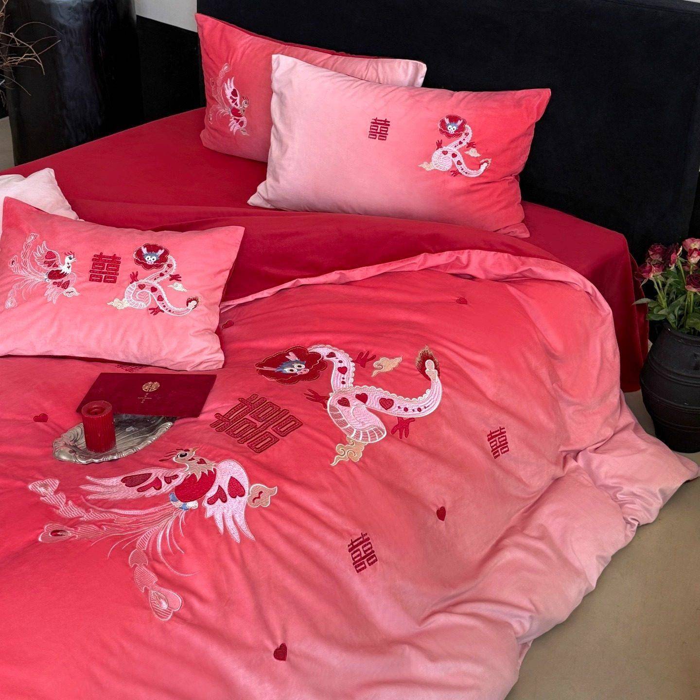 冬季婚庆加厚高克重婴肤绒四件套龙凤刺绣保暖珊瑚绒结婚被套床品