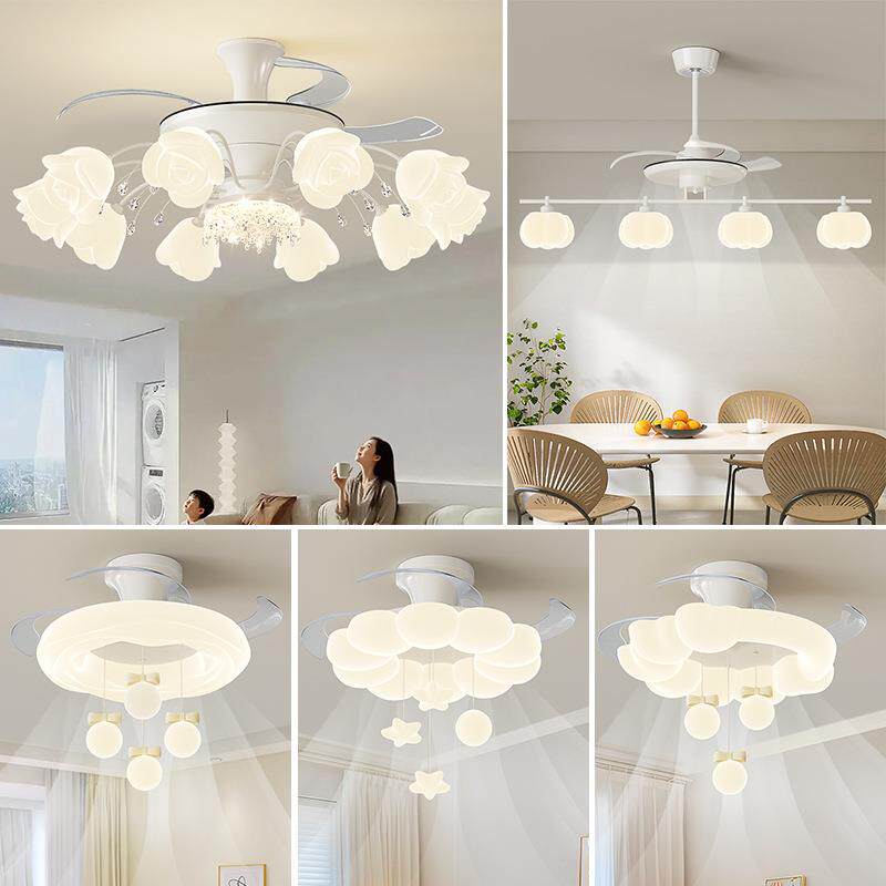 客厅风扇灯北欧奶油风创意玫瑰花餐厅卧室大厅吊扇灯全屋套餐组合