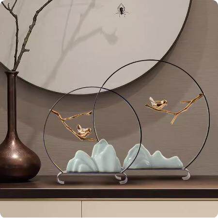 创意铁艺陶瓷假山摆件现代新中式餐厅书架玄关样板间室内软装饰品