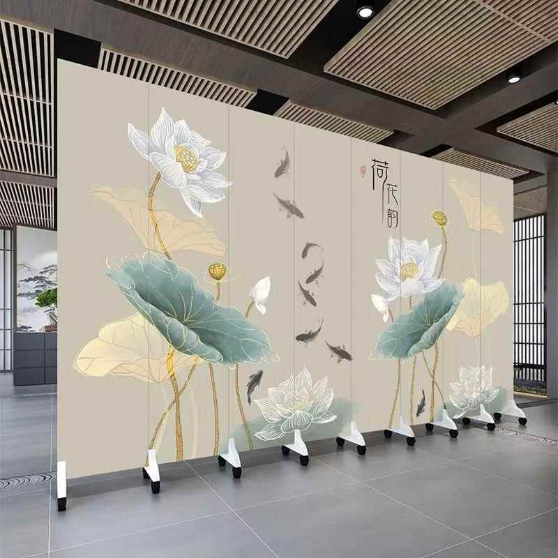 淡雅荷花中式屏风隔断简约客厅茶馆客厅养生馆餐厅家用可移动屏风