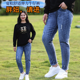 2024春季加肥加大码胖mm松紧高腰显瘦破洞毛边小脚牛仔裤女200斤