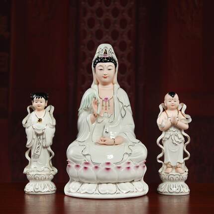 正品七珍摆陶瓷金童女件娃音娃一对龙女善财童子观玉菩萨佛像家用