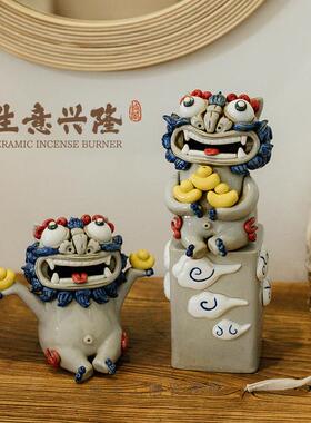 招财貔貅摆件陶瓷狮子开 业礼物乔迁礼品办公桌客厅装饰景德镇手
