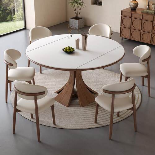 岩板高端伸缩折叠餐桌椅组合方圆两用小户型家用中古风客厅吃饭桌