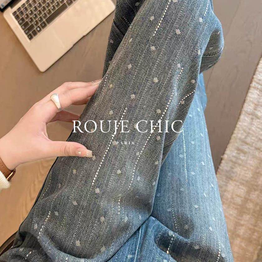 法国rouje chic春季高级重工烫钻直筒牛仔裤女法式高腰休闲阔腿裤