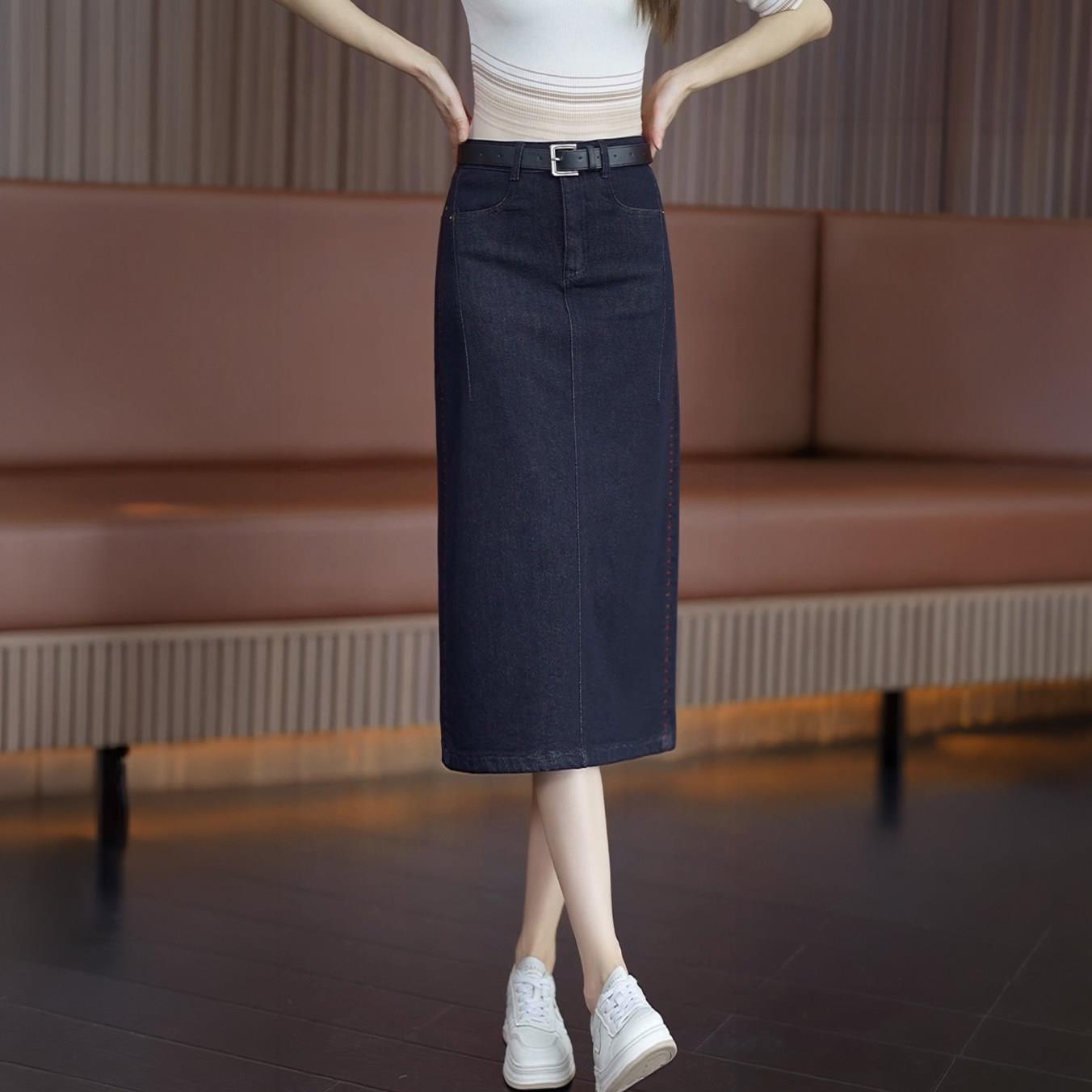 蓝色中长款高腰直筒牛仔半身裙女2026春秋百搭修身显瘦显高包臀裙
