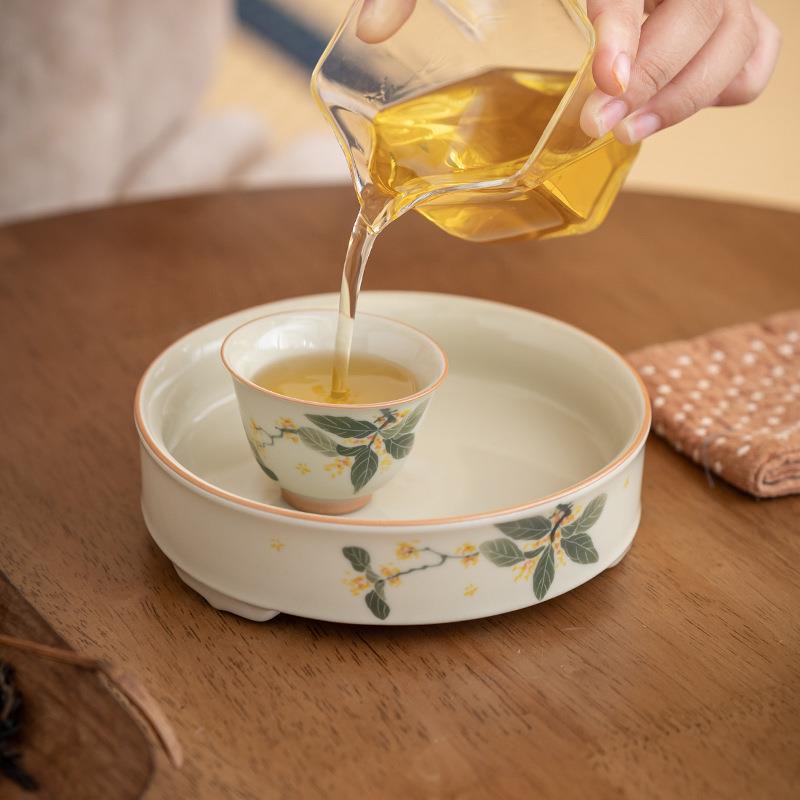 冰台瓷三足手绘桂花壶承陶干储水圆形托盘83697壶家用泡盘茶承茶