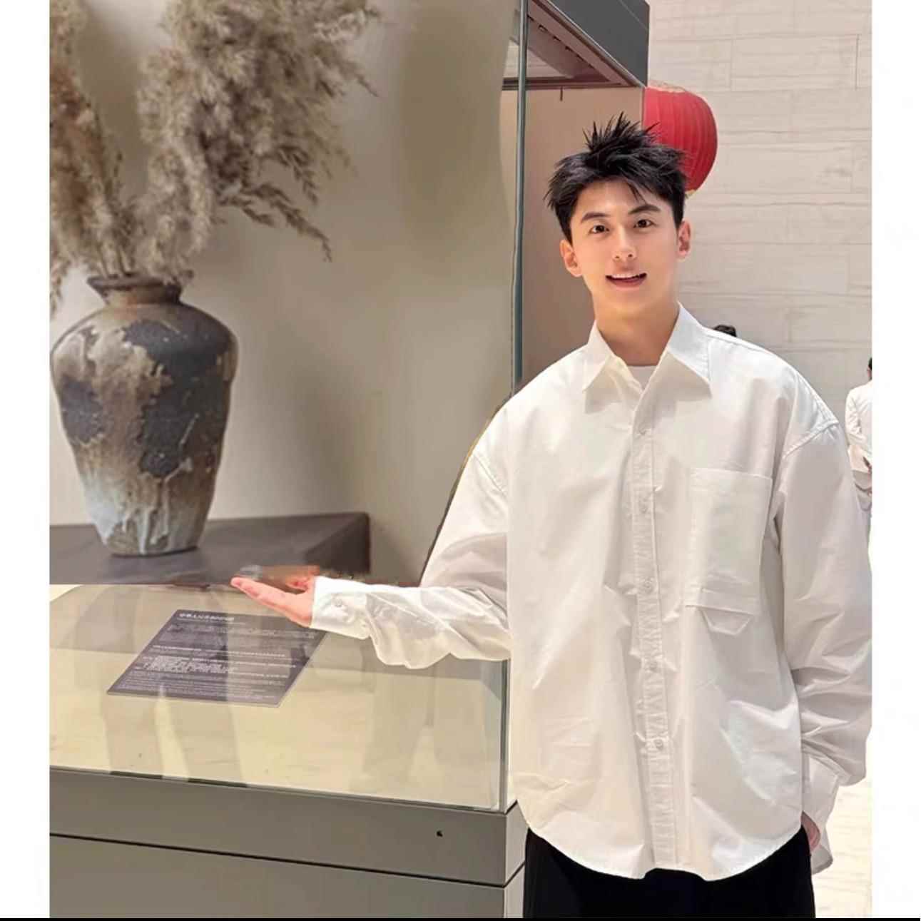 LL男装衬衫男长袖外套休闲春秋纯棉2026年新款大尺码宽松纯白色简