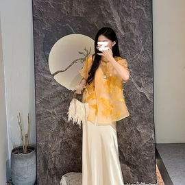 国风新中式桔色花朵刺绣网纱夏季短袖小众设计感上衣