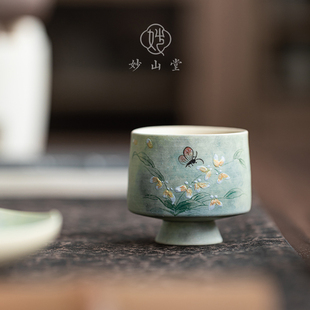 品茗杯田园风 手绘文心兰陶瓷茶杯下午茶主人杯女士精致高脚杯中式