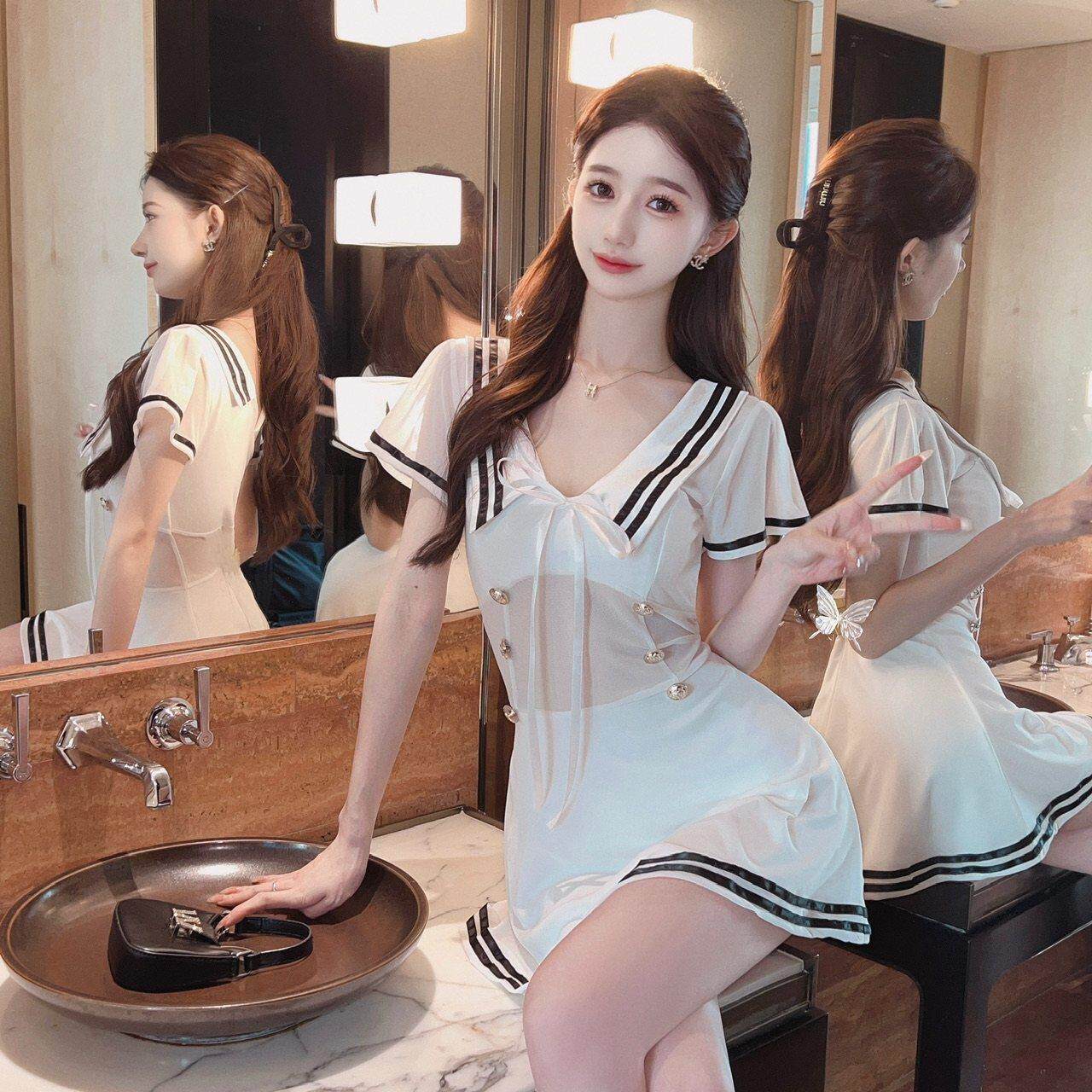 夜场上班衣服性感领镂空减龄甜美网纱字裙足浴技师工作服连衣裙