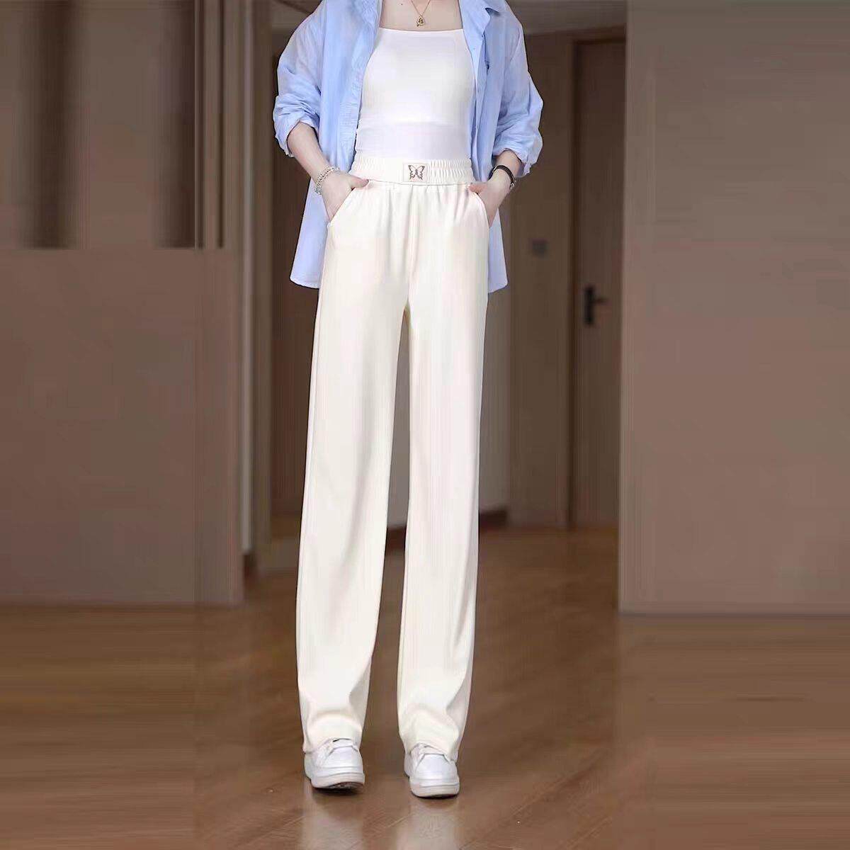 冰丝纯色窄版直筒裤女2026夏薄款宽松凉感高腰显瘦时尚垂感阔腿裤