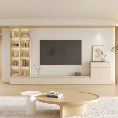 日系奶油风落地电视柜书柜一体靠墙组合收纳储物柜子家用客厅定制