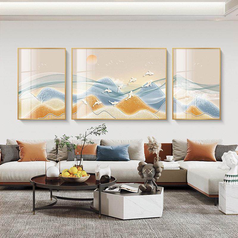 网红代飘简约客厅装画饰抽象带山现鱼水家庭壁画三联沙发背景墙挂