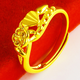 黄金戒指女款9999足金首饰纯金食指环结婚饰品花朵心形送妈妈