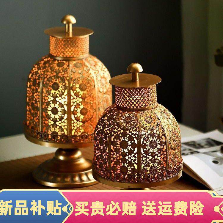 异丽东南亚复古铁艺烛台摆件餐桌风灯电子蜡烛台泰式spa装饰品家