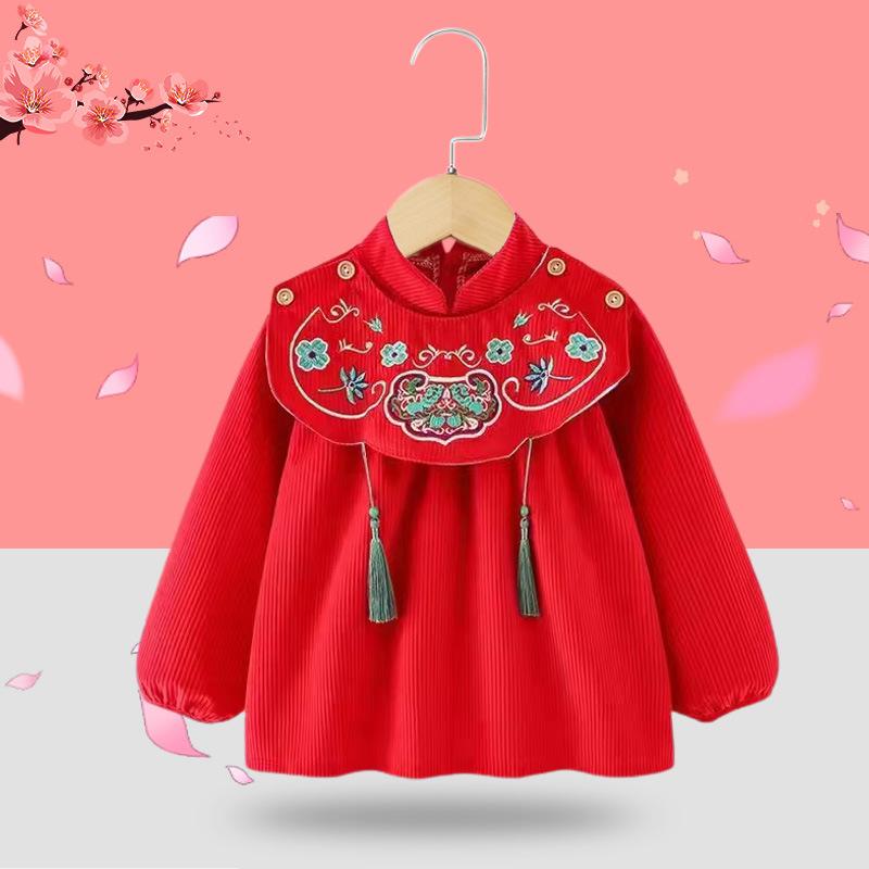 国风拜年服儿童罩衣秋冬季外穿宝宝围兜女童新年服防水防脏反穿衣