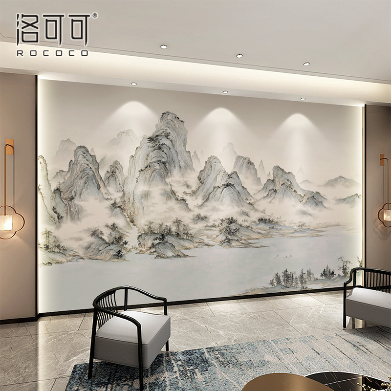 新中式壁纸3d墙纸客厅沙发背景墙壁布禅意山水画酒店茶室水墨壁画