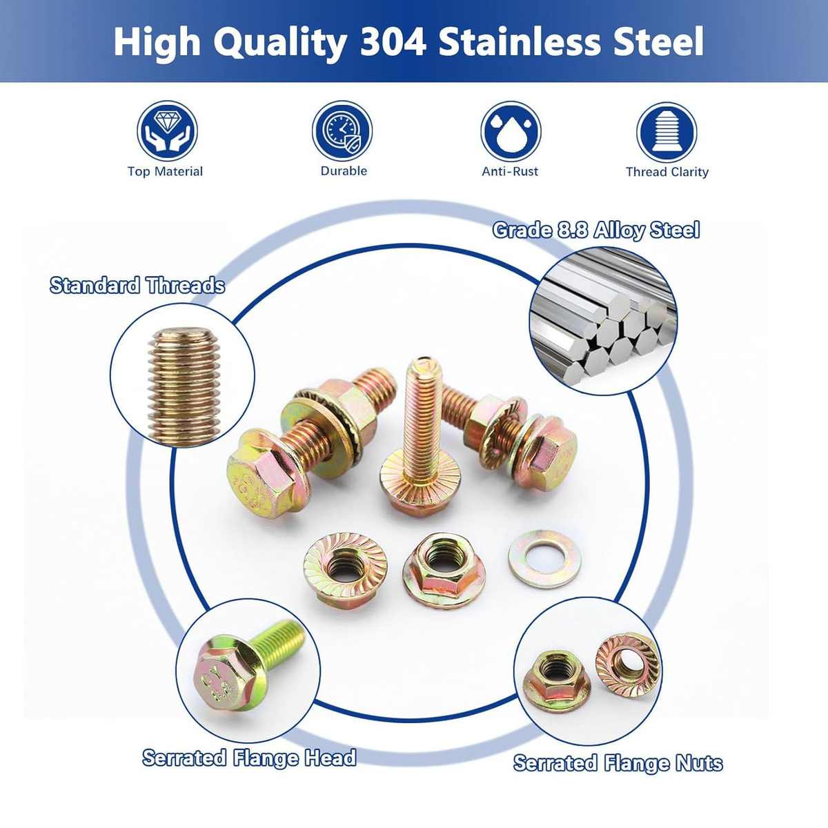 热销450pcs彩锌高强度8.8级六角法兰面螺栓配平垫圈螺母套装