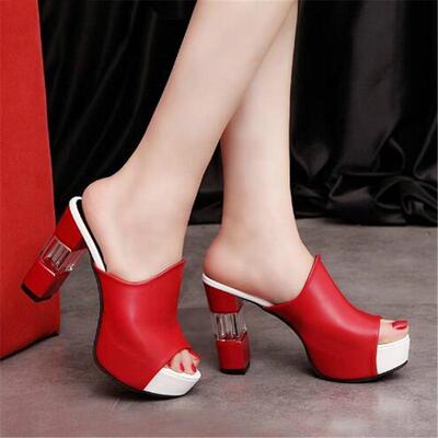 Ladies Leather Sole Slippers Women Sexy High Thick Heel 12cm