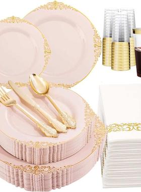 175件一次性餐具浮雕龙纹蓝色金边盘酒杯刀叉勺PS硬塑料彩色套装