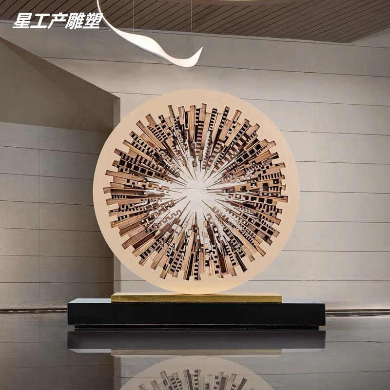摆件雕塑圆形大堂中心售楼酒店木雕大型城市大堂落地倒影艺术品