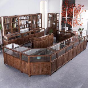 实木珠宝展示柜中式古董玉器玉石玻璃柜台首饰精品覆古中岛展示柜