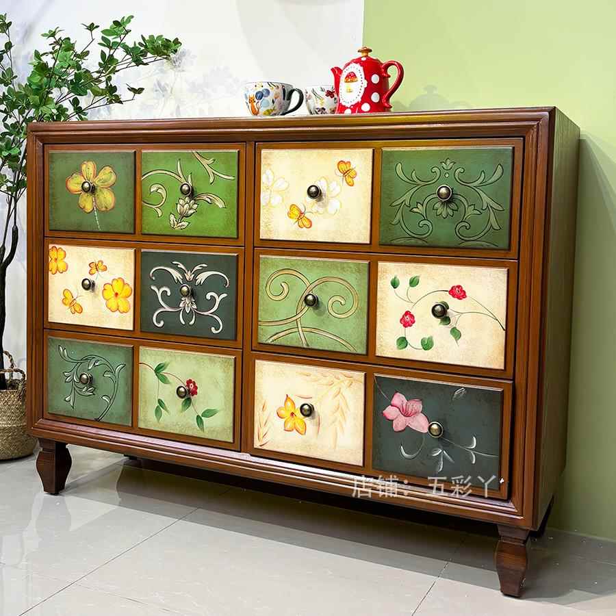 美式乡村实木斗柜彩绘复古做旧客厅卧室收纳储物抽屉五斗橱玄关柜