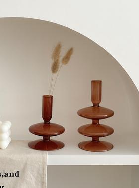 复古怀旧棕色玻璃花瓶中古风客厅干花插花花器烛台桌面装饰摆件