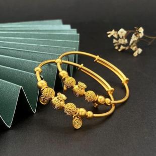 古法黄金色宝宝金手镯平安喜乐寓意好福袋婴儿男女童满月周岁礼物