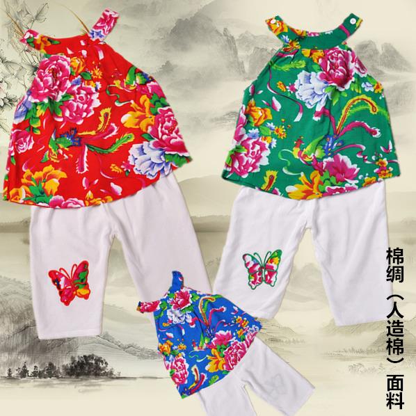 人造棉东北大花布儿童吊带短裤套装女童夏季棉绸空调家居服睡衣