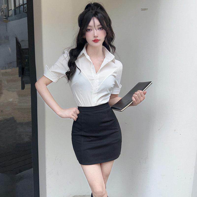 夏季时尚气质工作服性感辣妹纯欲修身衬衫包臀裙JK制服职业套装女