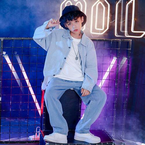街舞牛仔套装嘻哈风衬衫潮服春秋季少儿hiphop小学生团体演出服