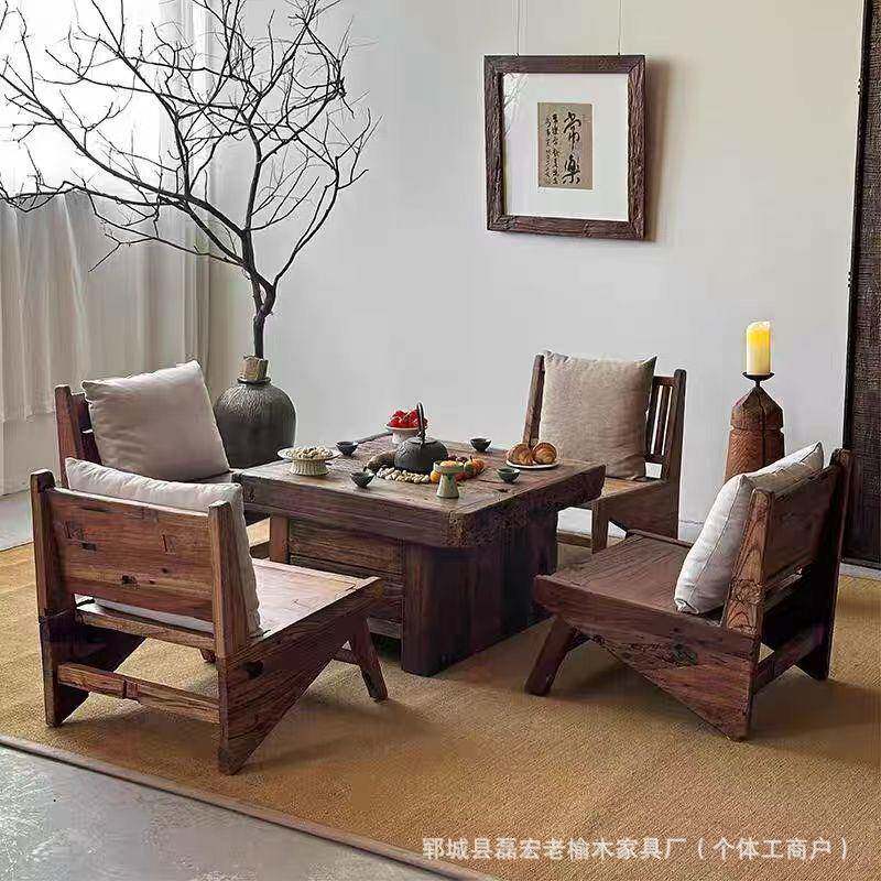 垞寂风老榆木实木围炉茶桌冬日火锅桌户外庭院复古做旧茶桌