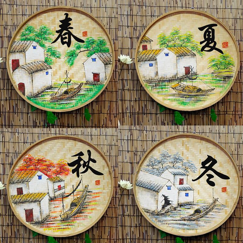 手绘竹编簸箕画春夏秋冬装饰画农家乐田园墙面挂件墙壁挂饰壁饰品